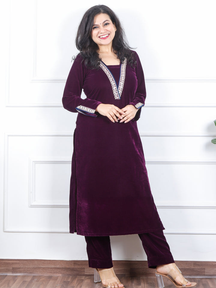 दर्शनी Eggplant Purple V Neck Lace Work Velvet Winter Kurti-D3