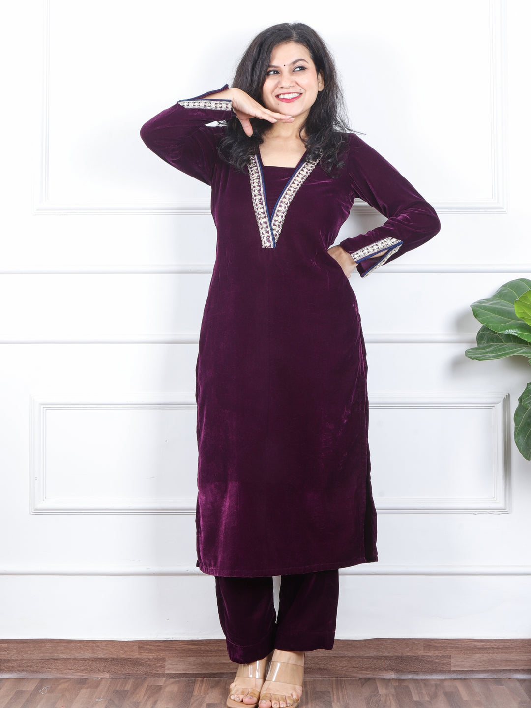 दर्शनी Eggplant Purple V Neck Lace Work Velvet Winter Kurti-D3