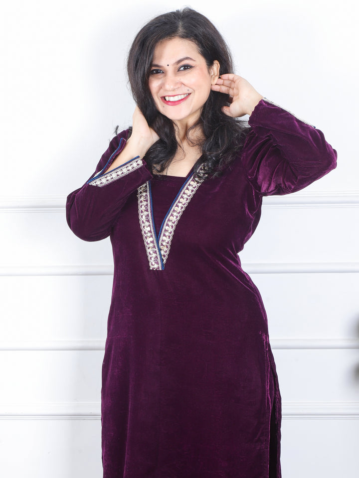 दर्शनी Eggplant Purple V Neck Lace Work Velvet Winter Kurti-D3