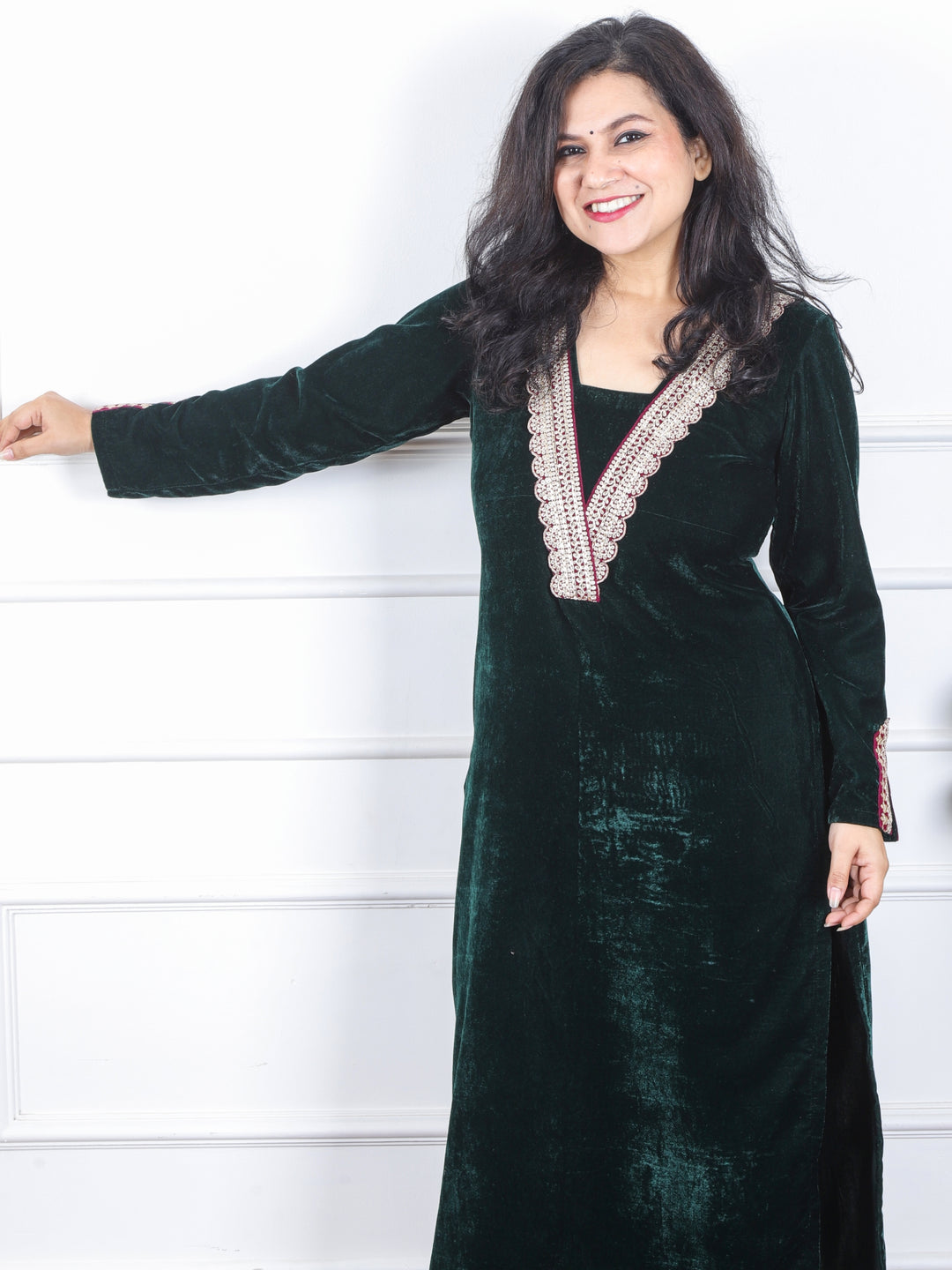 दर्शनी Sacramento Green V Neck Lace Work Velvet Winter Kurti-D3