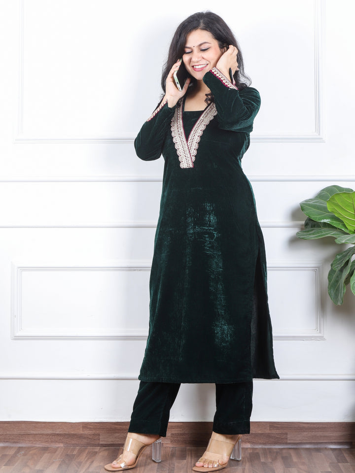 दर्शनी Sacramento Green V Neck Lace Work Velvet Winter Kurti-D3