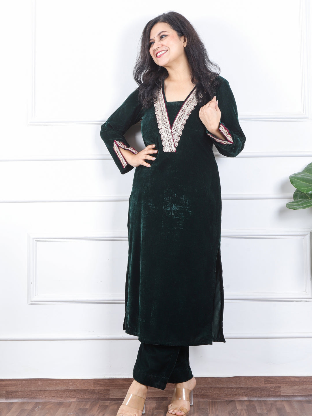 दर्शनी Sacramento Green V Neck Lace Work Velvet Winter Kurti-D3