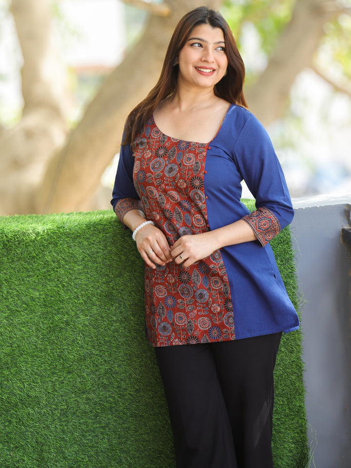 Maya Cornflower Blue with Ajrak Print Patch Work Short Cotton Kurti
