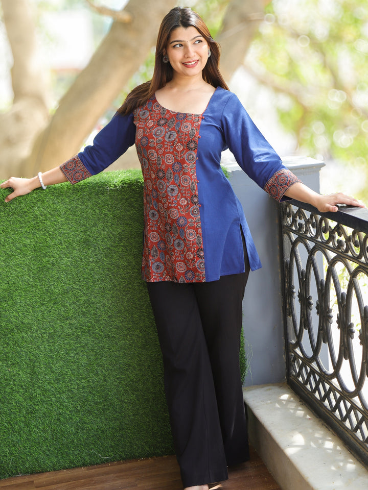 Maya Cornflower Blue with Ajrak Print Patch Work Short Cotton Kurti