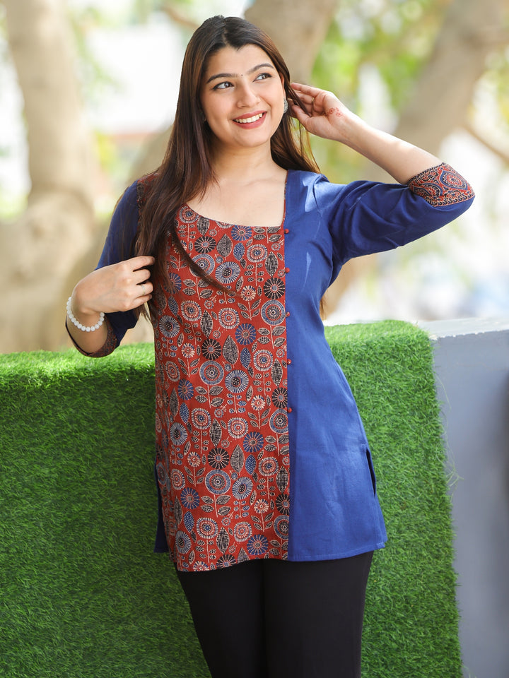 Maya Cornflower Blue with Ajrak Print Patch Work Short Cotton Kurti
