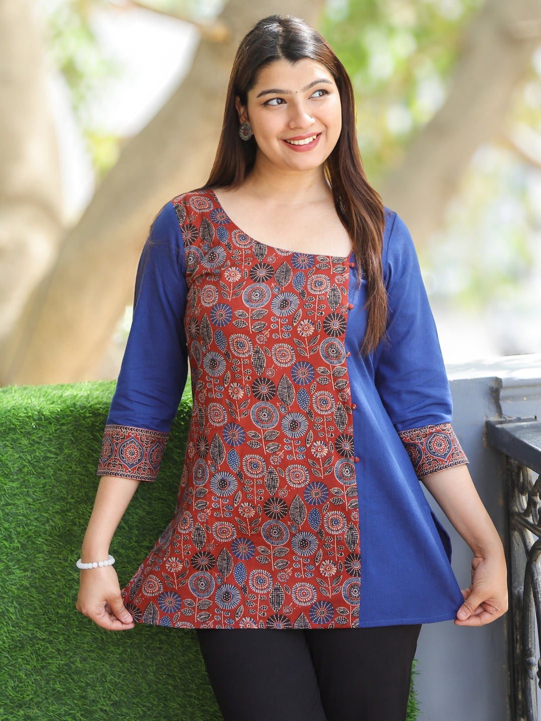 Maya Cornflower Blue with Ajrak Print Patch Work Short Cotton Kurti
