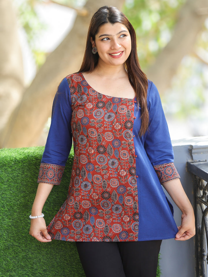 Maya Cornflower Blue with Ajrak Print Patch Work Short Cotton Kurti