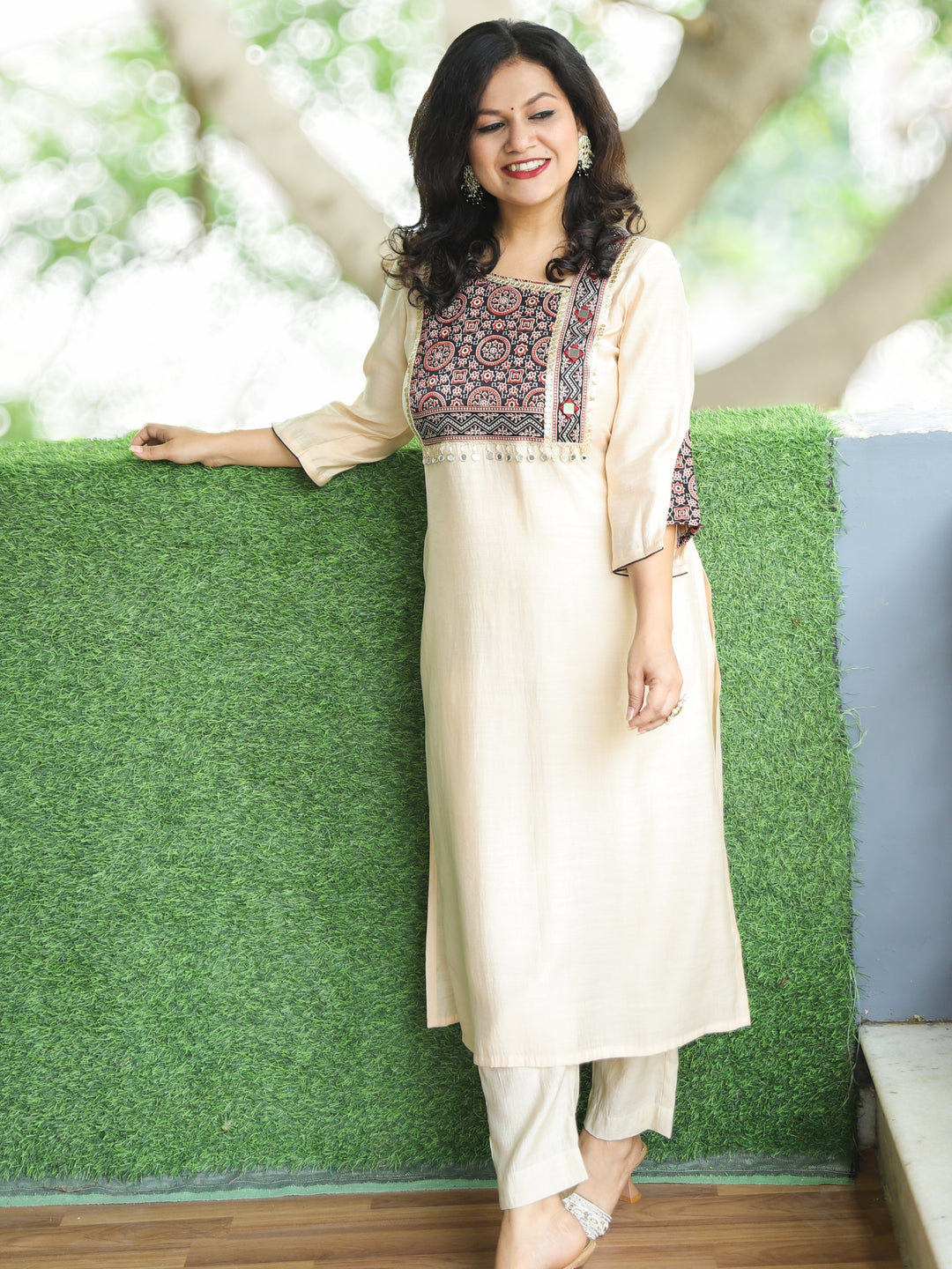 Nirvi Shell Beige Mashru Patch Work Neck with Mirror Work Roman Silk Kurti