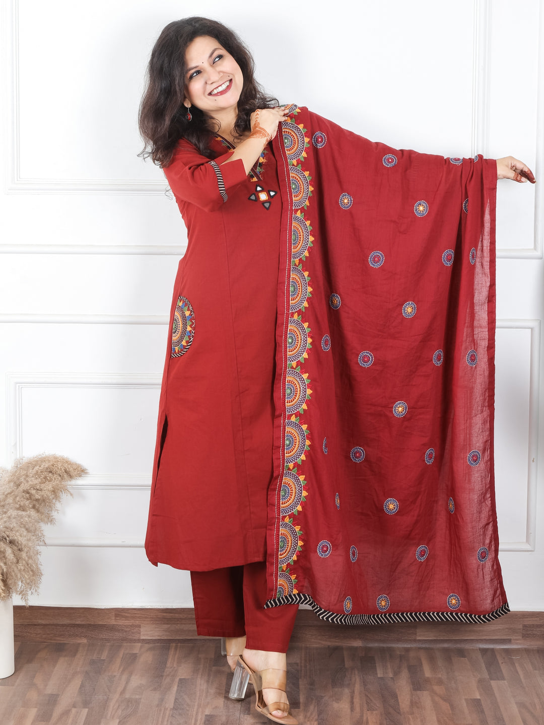 Kaveri Maroon Red V Neck Mirror Work with Embroiered Pocket Cotton 3 Piece Set