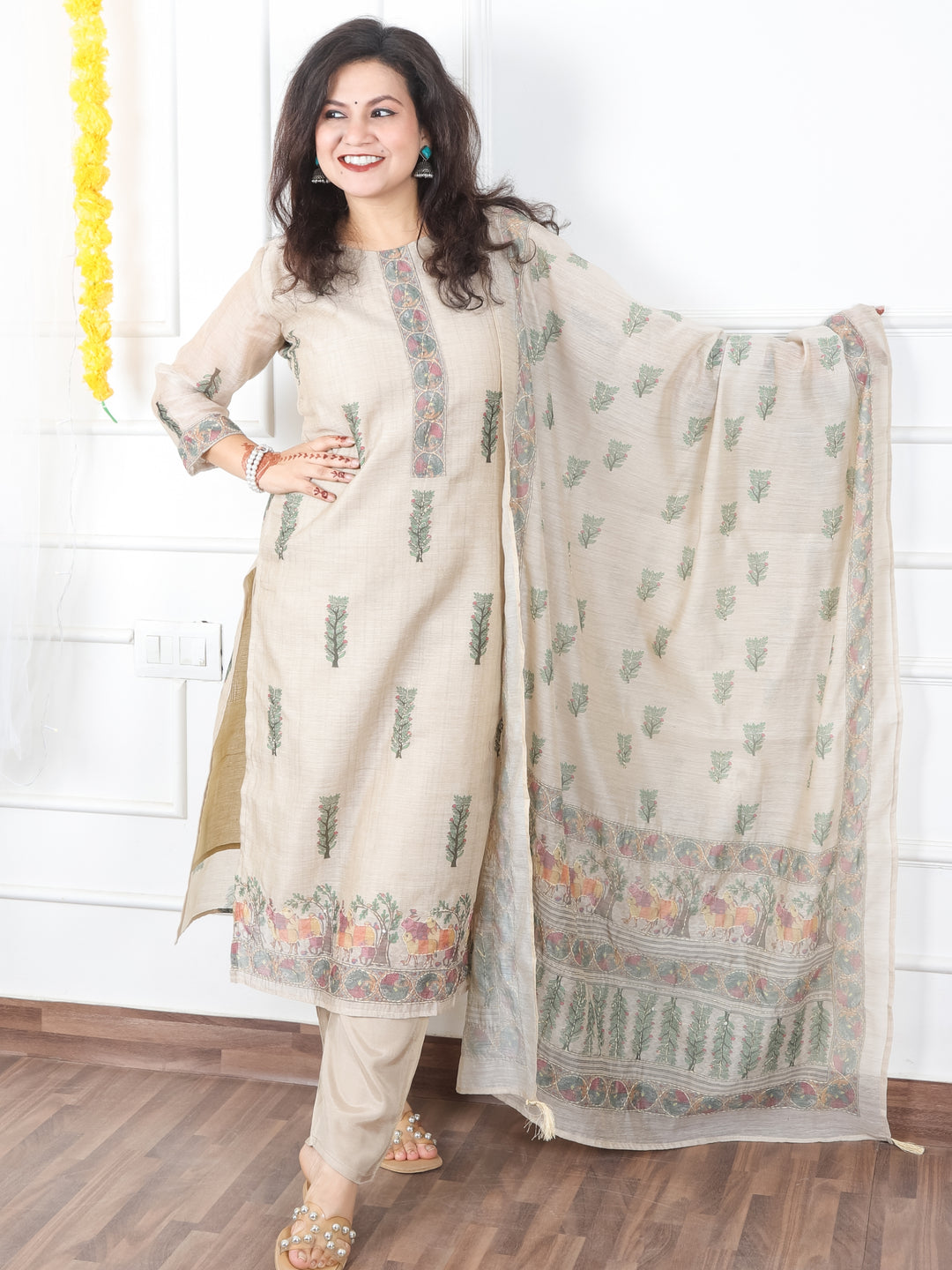 Kavish Sand Beige Printed Hem with Kantha Work Detailing Chanderi 3 Piece Set