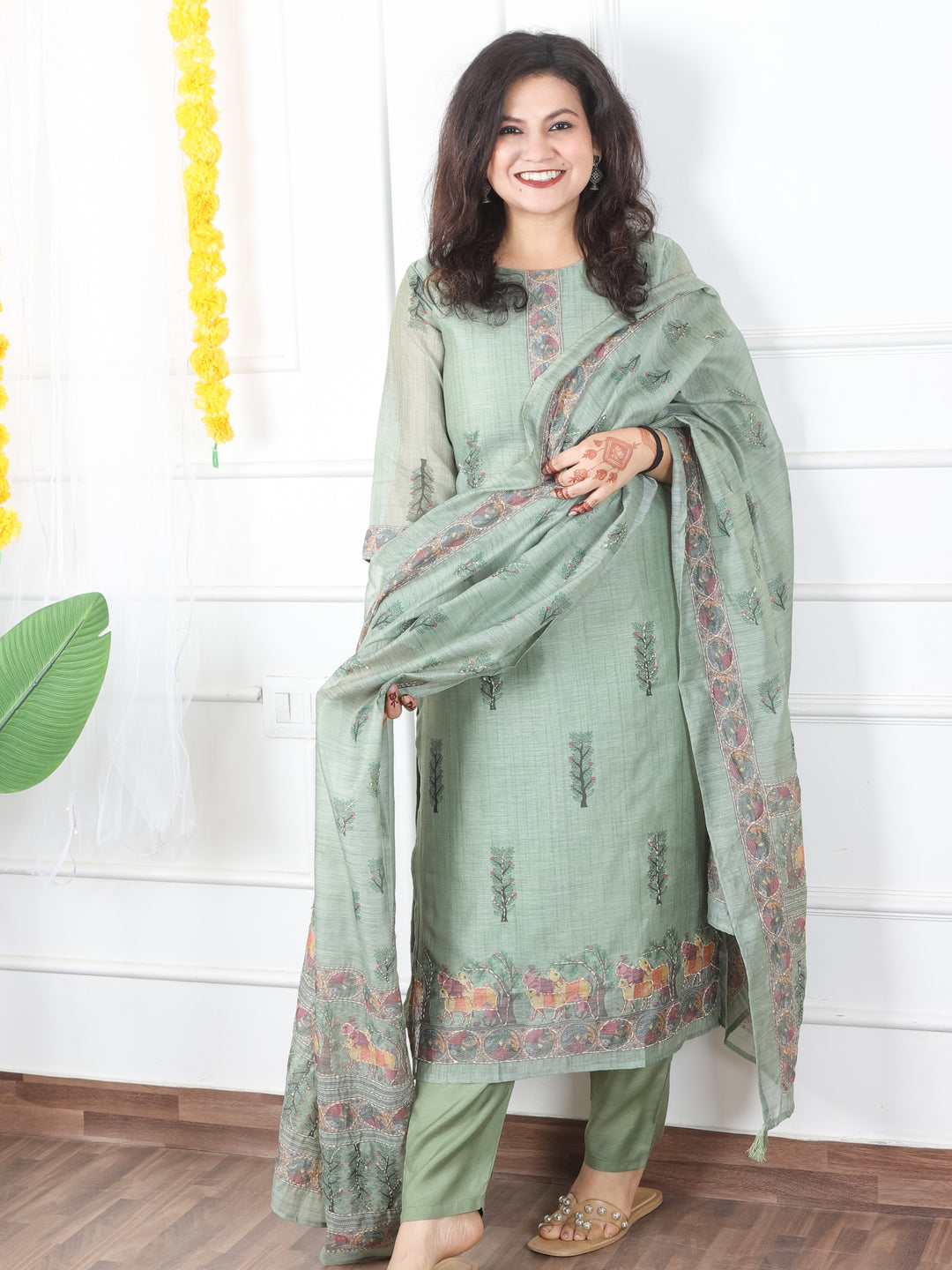 Kavish Fern Green Printed Hem with Kantha Work Detailing Chanderi 3 Piece Set
