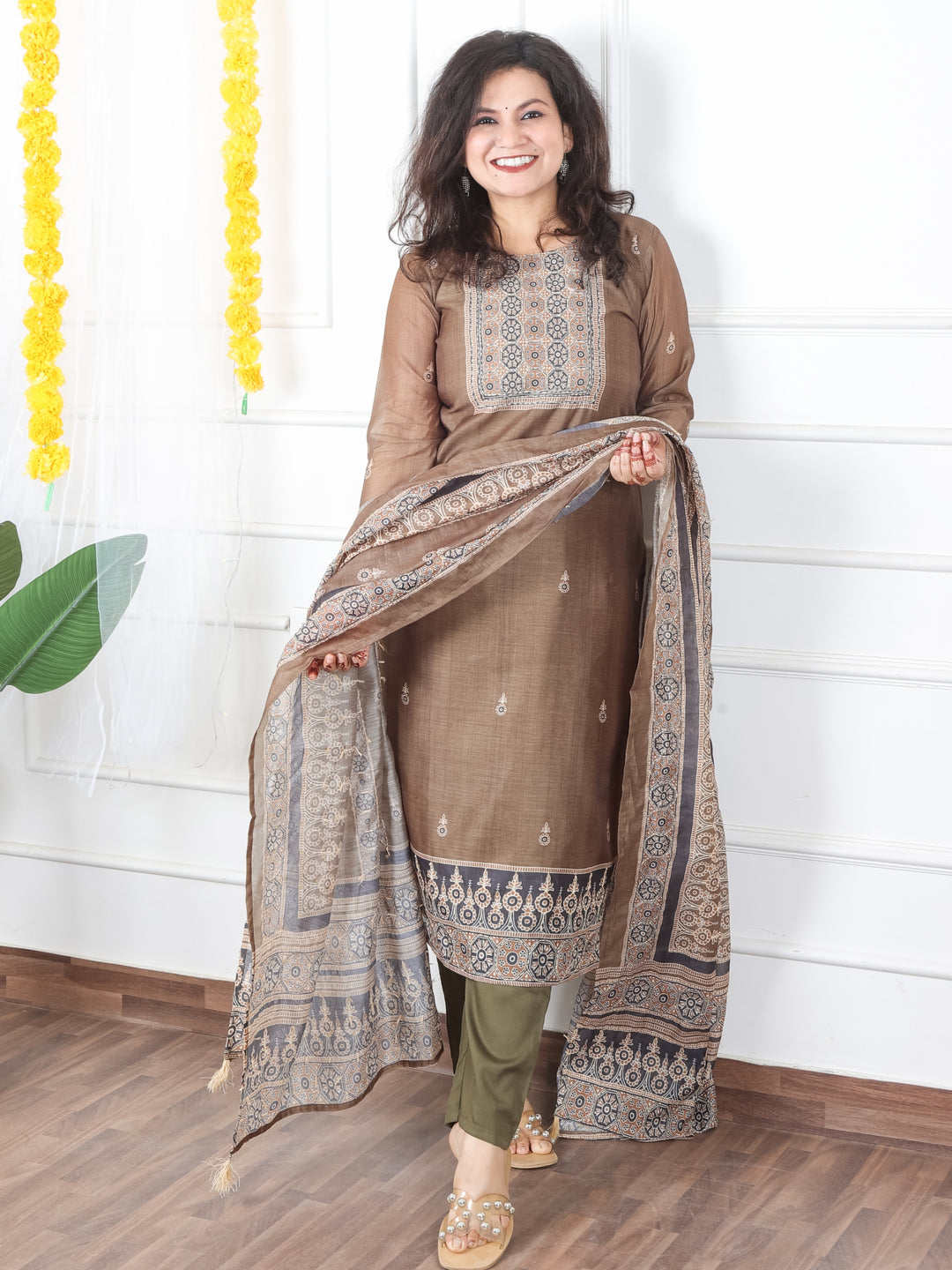 Mivaan Olive Green All Over Digital Printed with Kantha Work Chanderi 3 Piece Set