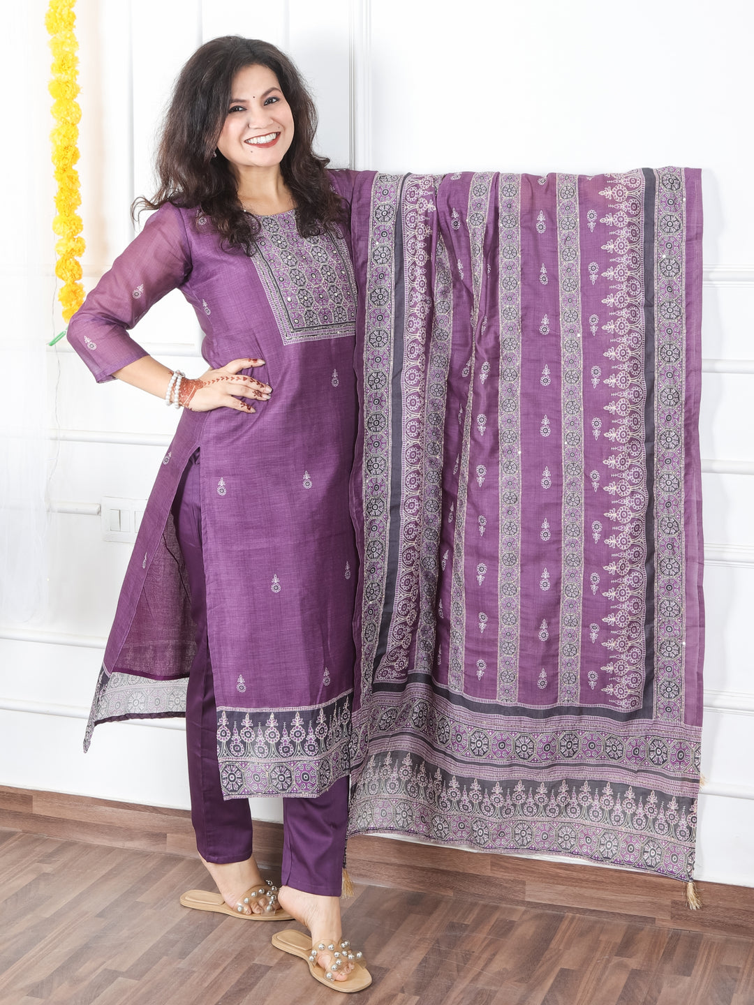 Mivaan Orchid Purple All Over Digital Printed with Kantha Work Chanderi 3 Piece Set