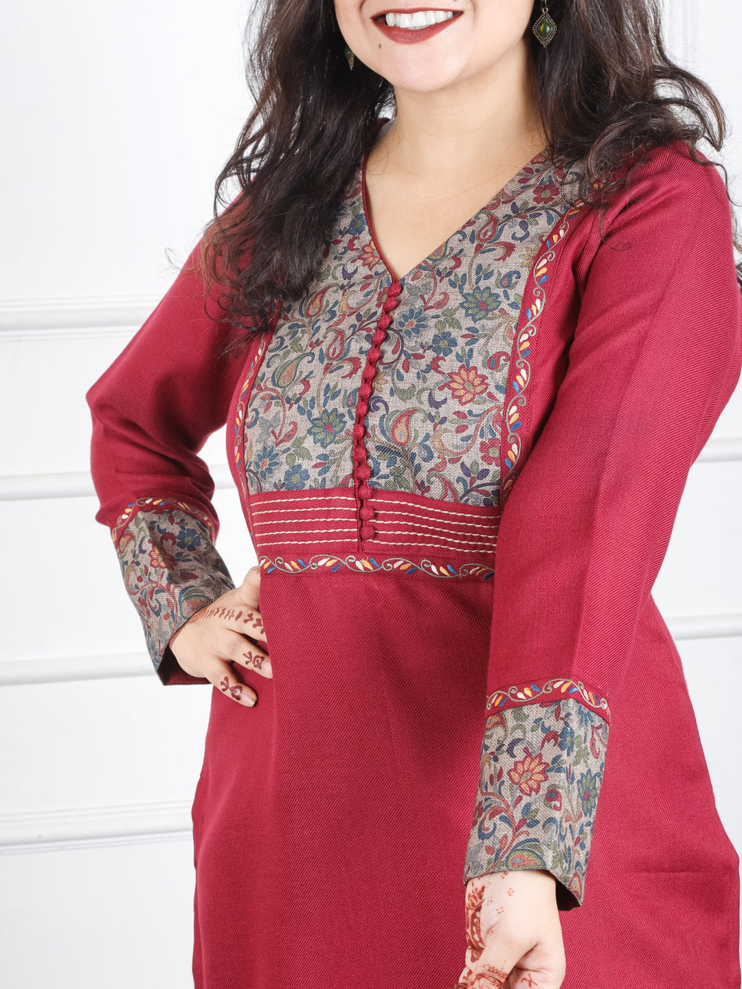 Tarang Berry Red Potli Button Work in Floral Patch Neck Semi Pashmina Winter Kurti