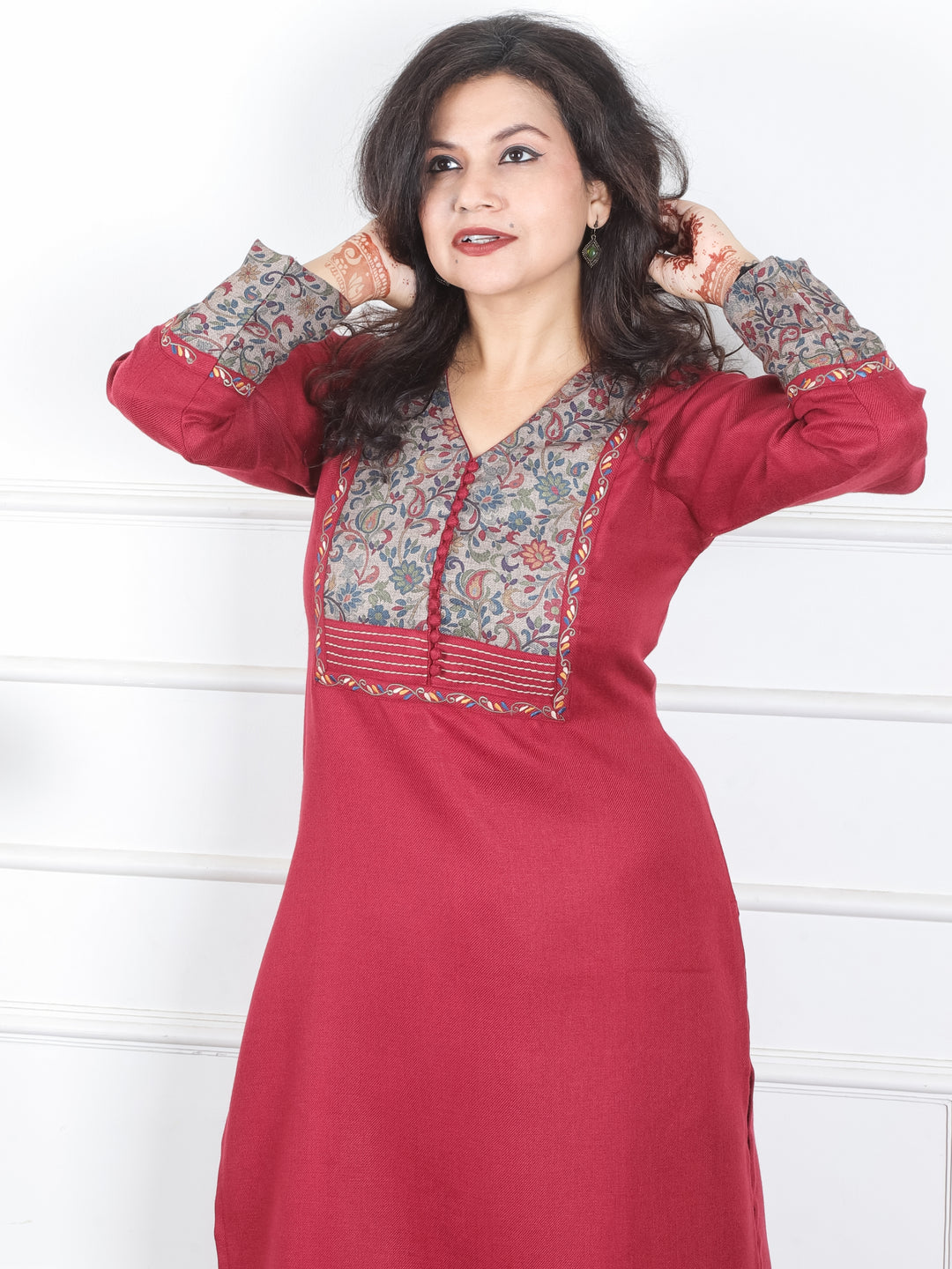 Tarang Berry Red Potli Button Work in Floral Patch Neck Semi Pashmina Winter Kurti
