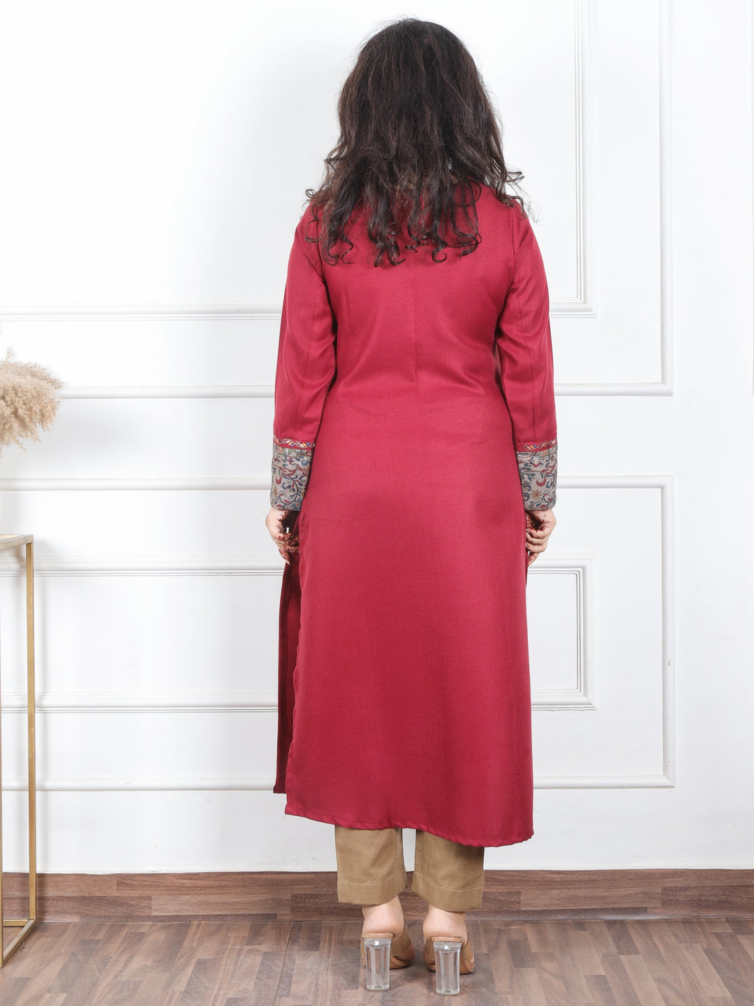 Tarang Berry Red Potli Button Work in Floral Patch Neck Semi Pashmina Winter Kurti