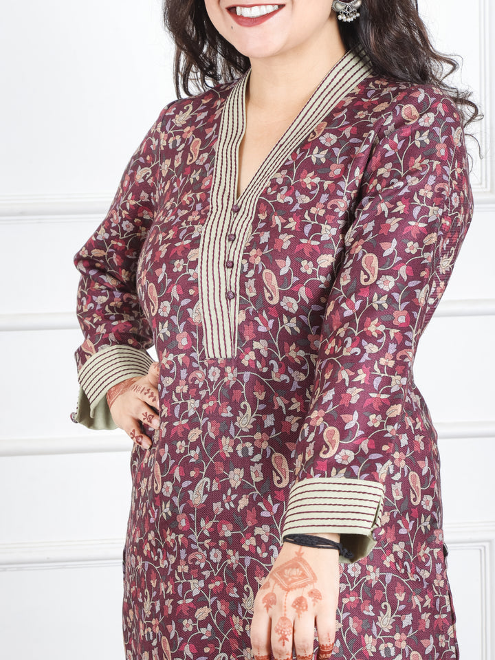 Pranjali Cherry Red Thread Work in Floral Printed Semi Pashmina Winter Kurti