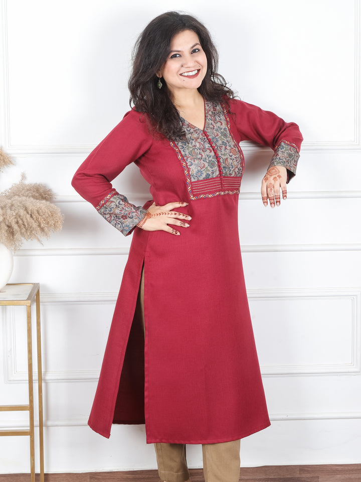 Tarang Berry Red Potli Button Work in Floral Patch Neck Semi Pashmina Winter Kurti