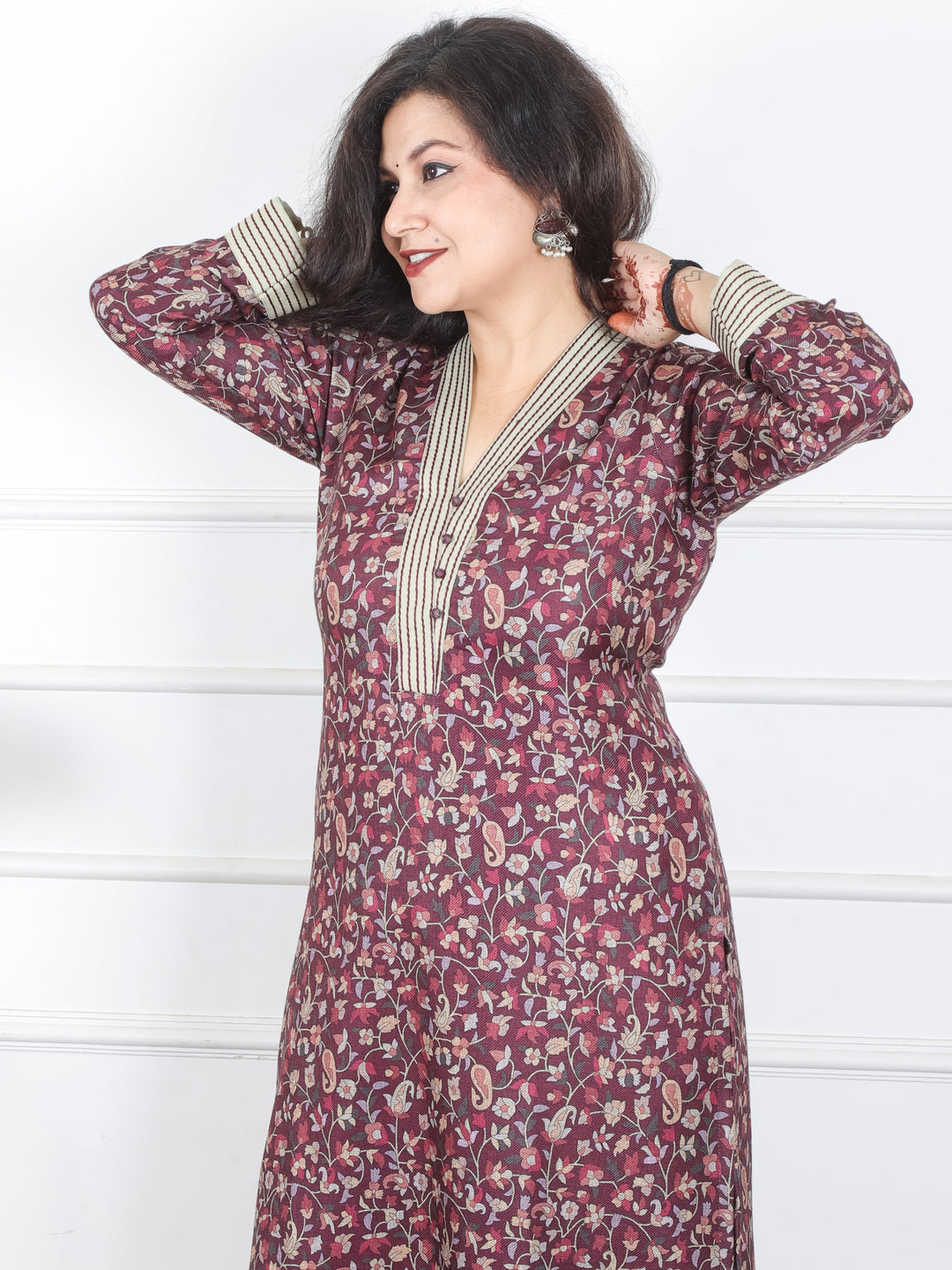 Pranjali Cherry Red Thread Work in Floral Printed Semi Pashmina Winter Kurti