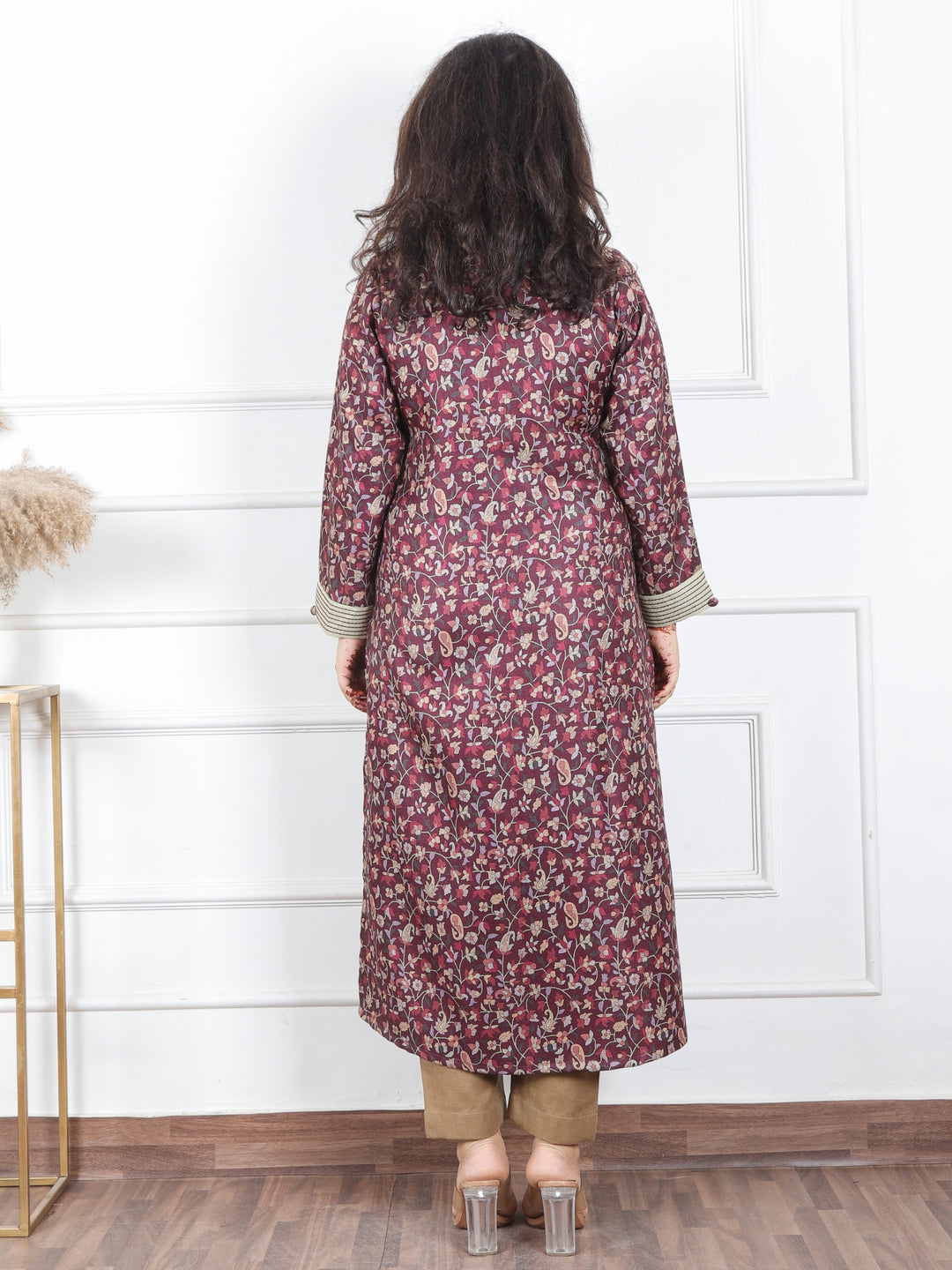 Pranjali Cherry Red Thread Work in Floral Printed Semi Pashmina Winter Kurti