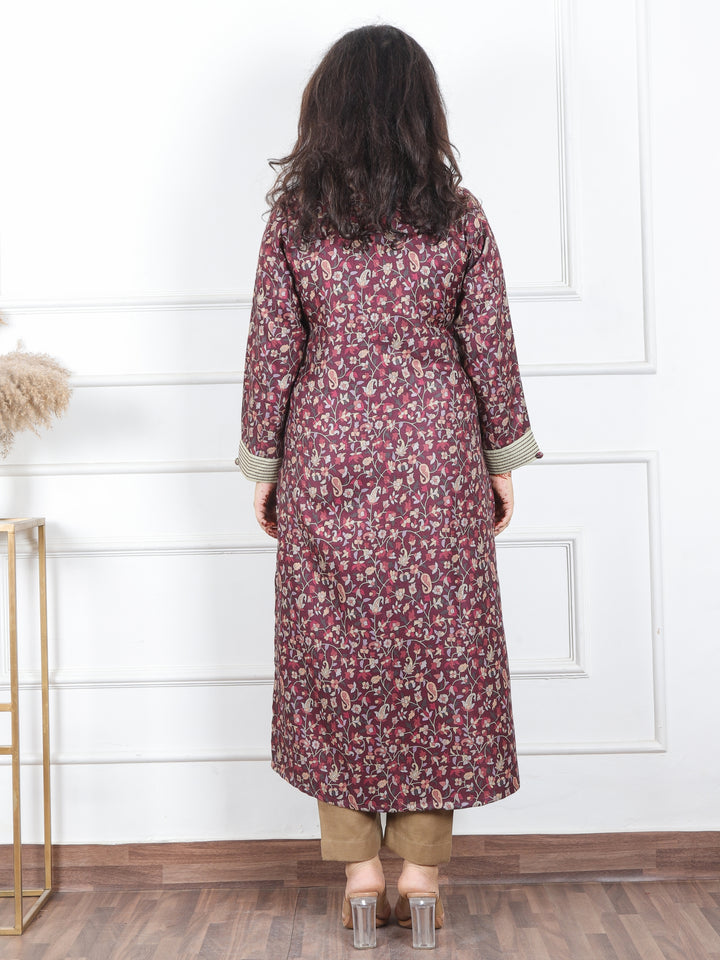 Pranjali Cherry Red Thread Work in Floral Printed Semi Pashmina Winter Kurti