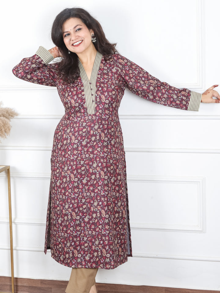 Pranjali Cherry Red Thread Work in Floral Printed Semi Pashmina Winter Kurti