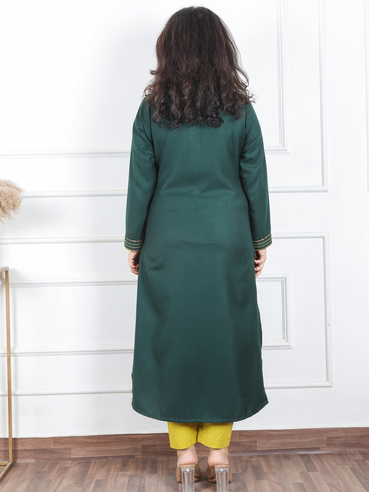 Priti Dark Green V Neck with Mirror in Patch Work Semi Pashmina Winter Kurti