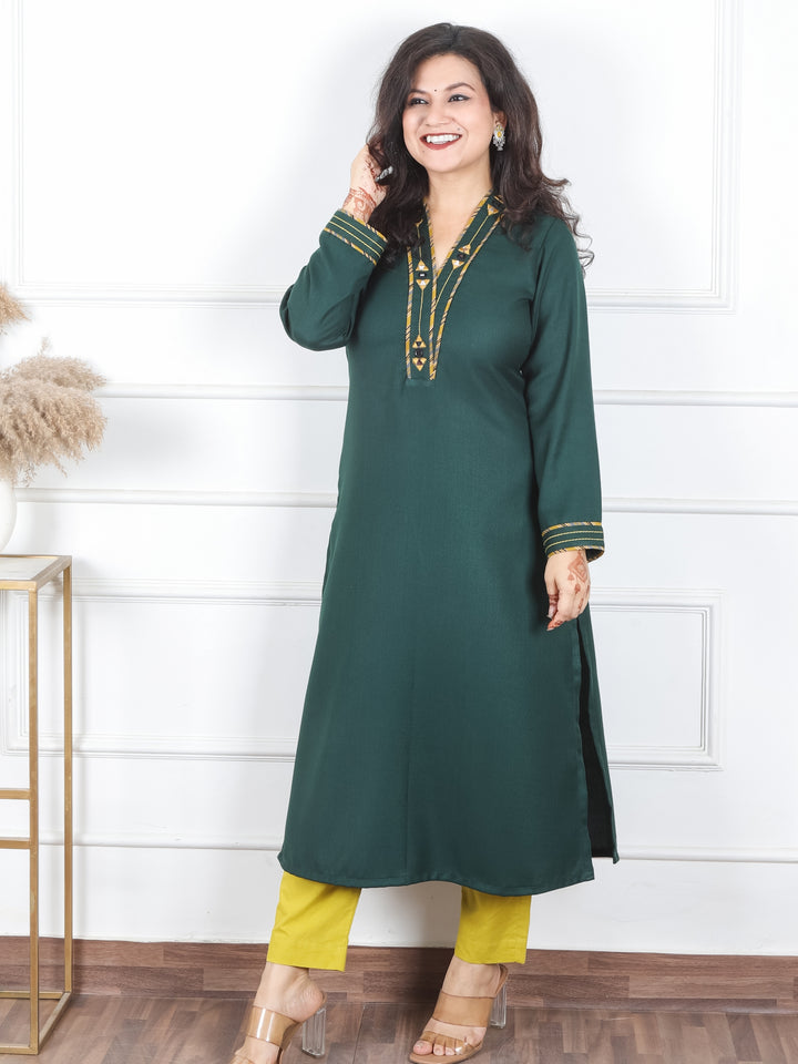 Priti Dark Green V Neck with Mirror in Patch Work Semi Pashmina Winter Kurti