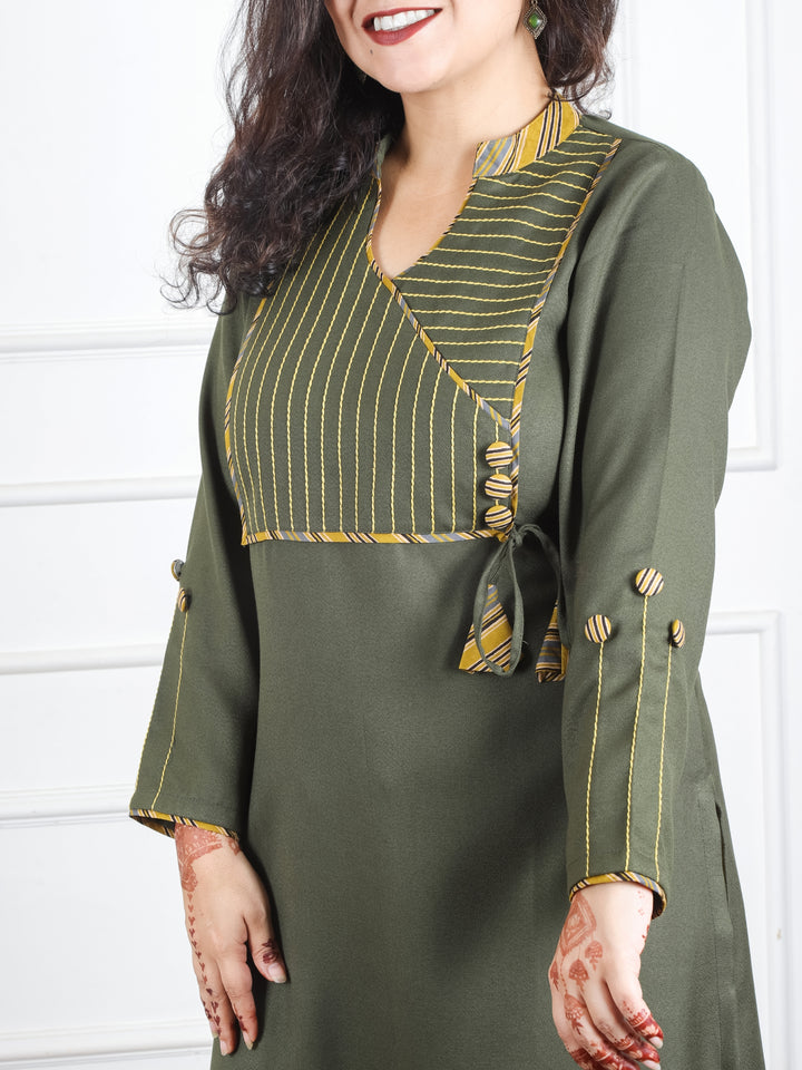 Shanti Olive Green Ban Collar Angrakha Neck with Detailing Semi Pashmina Winter Kurti