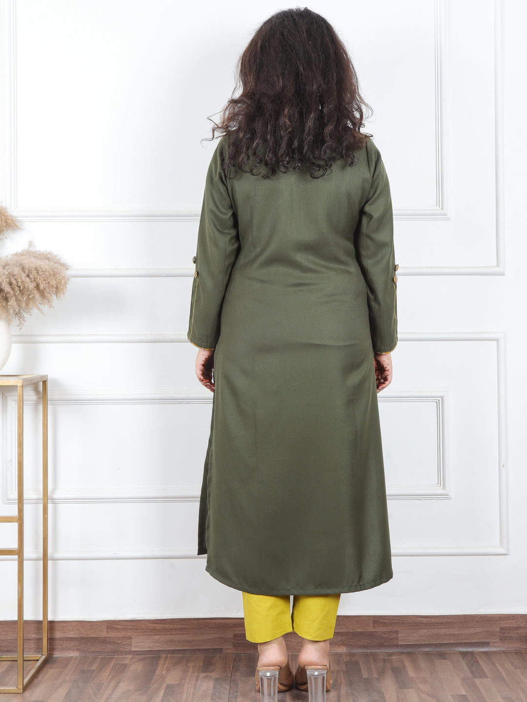 Shanti Olive Green Ban Collar Angrakha Neck with Detailing Semi Pashmina Winter Kurti