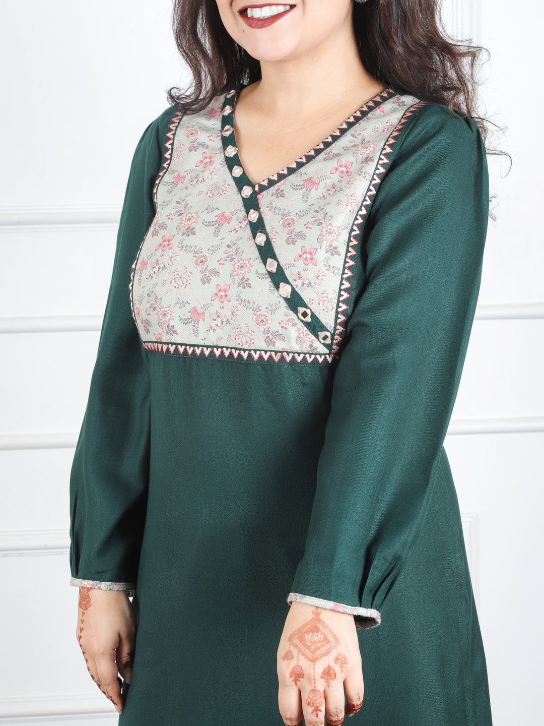 Heer Dark Green Floral Patch with Mirror in Angrakha Neck Semi Pashmina Winter Kurti