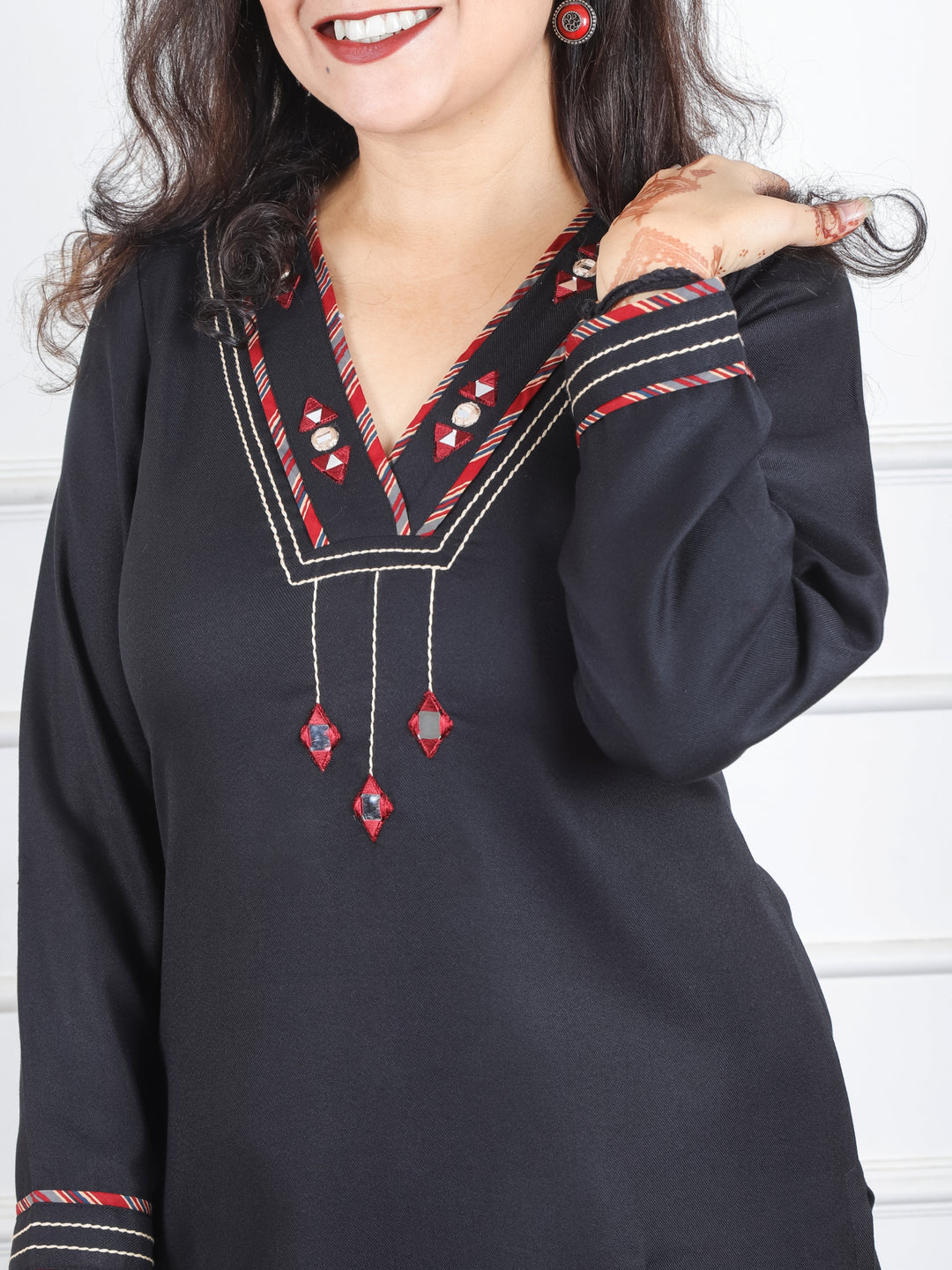 Anjali Ebony Black V Neck with Mirror in Patch Work Semi Pashmina Winter Kurti