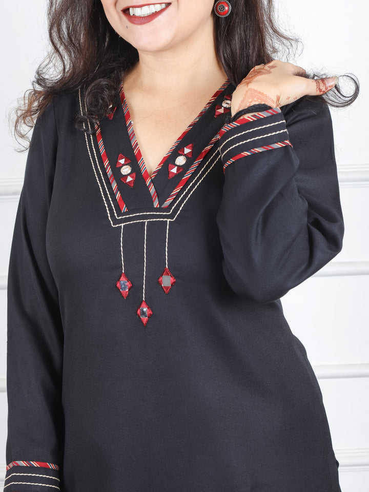 Anjali Ebony Black V Neck with Mirror in Patch Work Semi Pashmina Winter Kurti