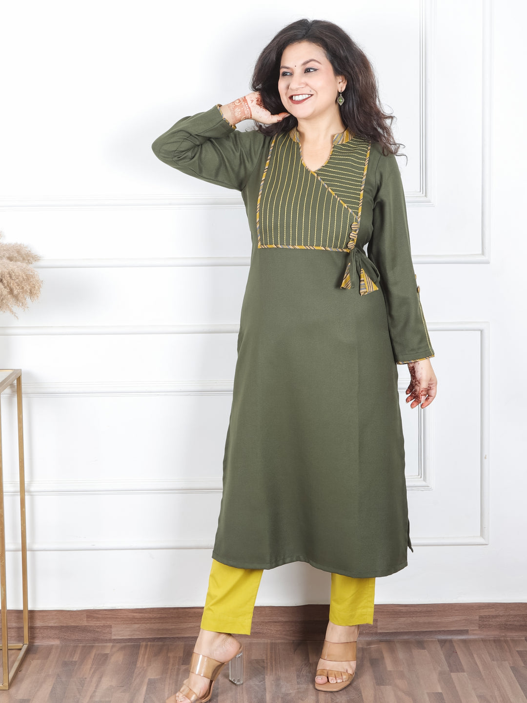 Shanti Olive Green Ban Collar Angrakha Neck with Detailing Semi Pashmina Winter Kurti