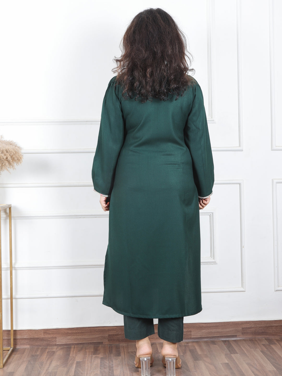 Heer Dark Green Floral Patch with Mirror in Angrakha Neck Semi Pashmina Winter Kurti