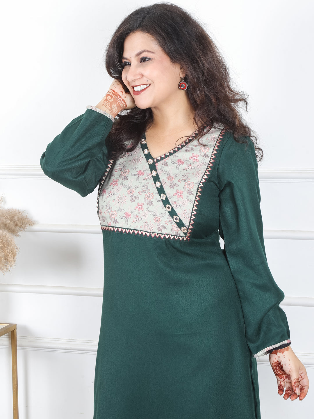 Heer Dark Green Floral Patch with Mirror in Angrakha Neck Semi Pashmina Winter Kurti
