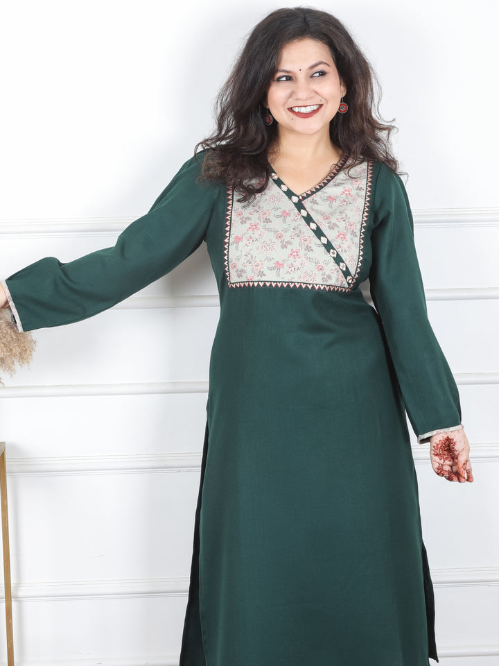 Heer Dark Green Floral Patch with Mirror in Angrakha Neck Semi Pashmina Winter Kurti