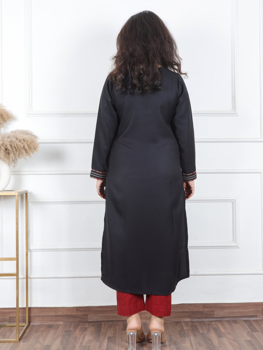 Anjali Ebony Black V Neck with Mirror in Patch Work Semi Pashmina Winter Kurti