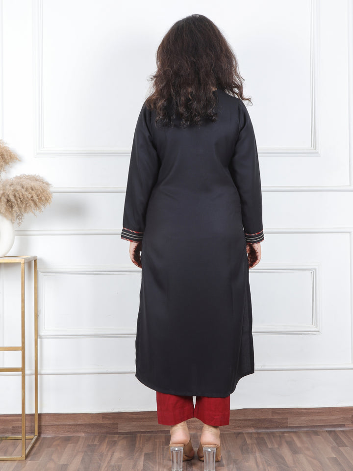 Anjali Ebony Black V Neck with Mirror in Patch Work Semi Pashmina Winter Kurti