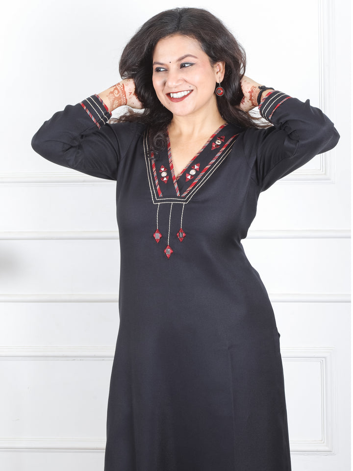 Anjali Ebony Black V Neck with Mirror in Patch Work Semi Pashmina Winter Kurti