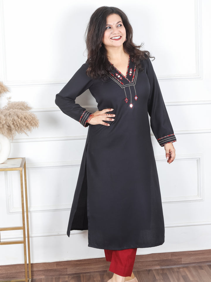 Anjali Ebony Black V Neck with Mirror in Patch Work Semi Pashmina Winter Kurti