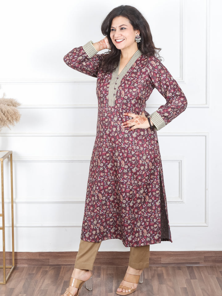 Pranjali Cherry Red Thread Work in Floral Printed Semi Pashmina Winter Kurti