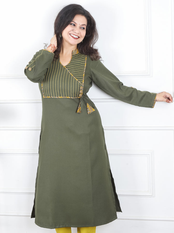 Shanti Olive Green Ban Collar Angrakha Neck with Detailing Semi Pashmina Winter Kurti