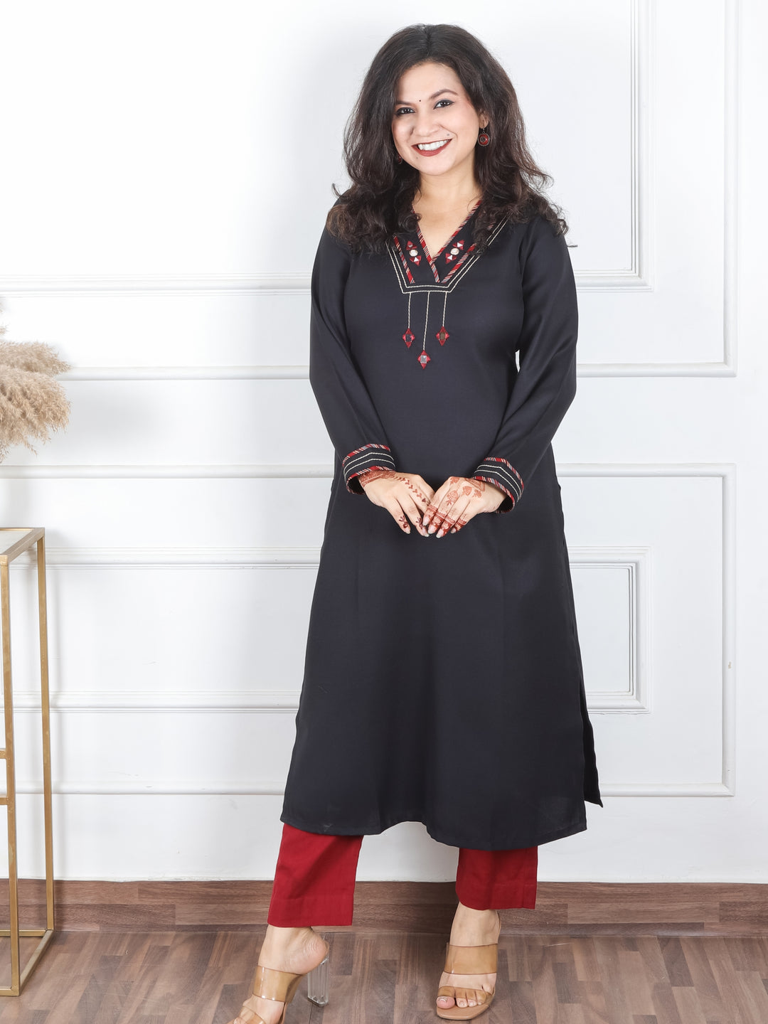 Anjali Ebony Black V Neck with Mirror in Patch Work Semi Pashmina Winter Kurti