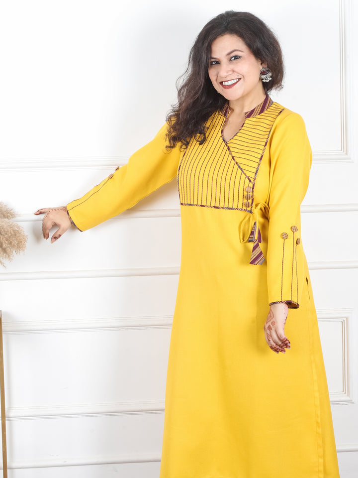 Shanti Corn Yellow Ban Collar Angrakha Neck with Detailing Semi Pashmina Winter Kurti