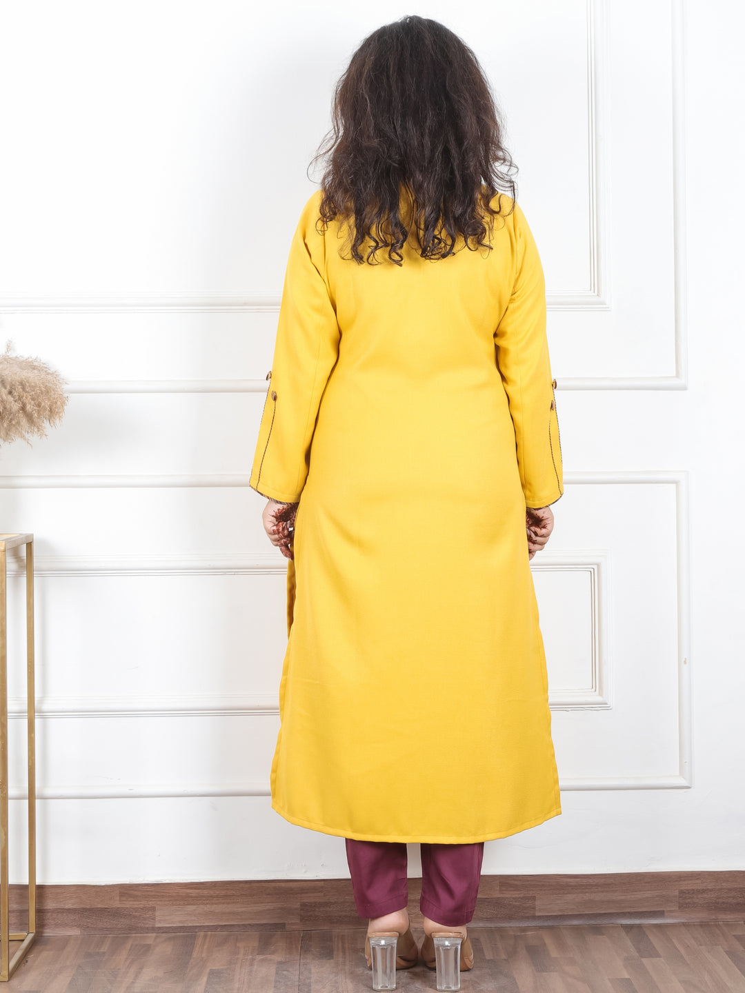 Shanti Corn Yellow Ban Collar Angrakha Neck with Detailing Semi Pashmina Winter Kurti