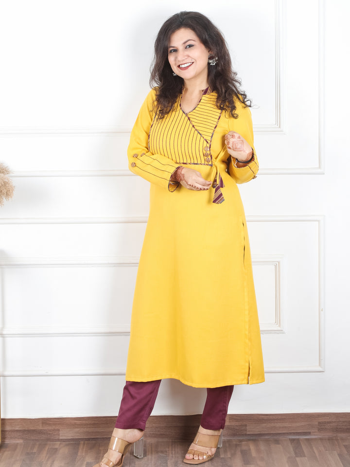 Shanti Corn Yellow Ban Collar Angrakha Neck with Detailing Semi Pashmina Winter Kurti