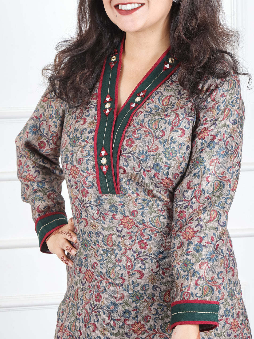 Pranjali Tan Beige V Neck with Mirror Work Floral Print Semi Pashmina Winter Kurti