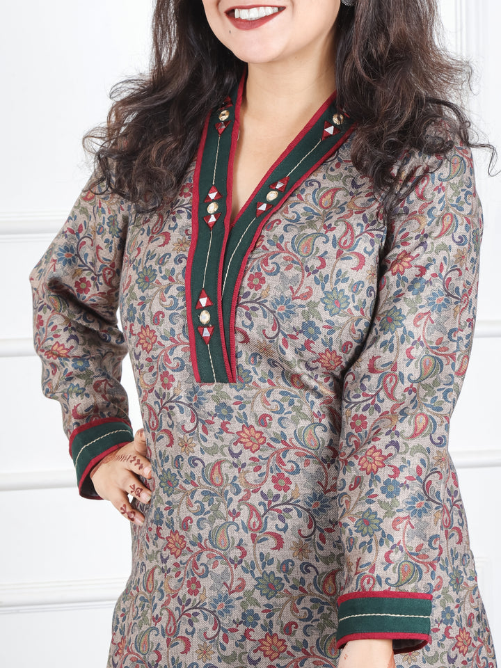 Pranjali Tan Beige V Neck with Mirror Work Floral Print Semi Pashmina Winter Kurti