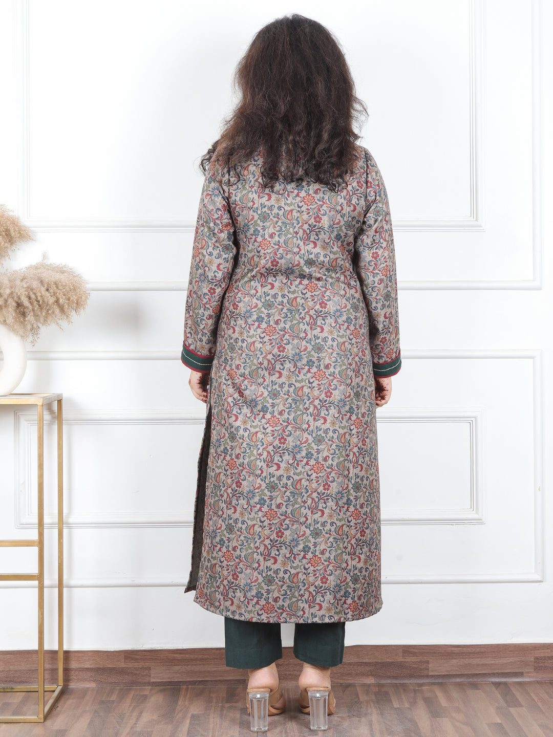 Pranjali Tan Beige V Neck with Mirror Work Floral Print Semi Pashmina Winter Kurti